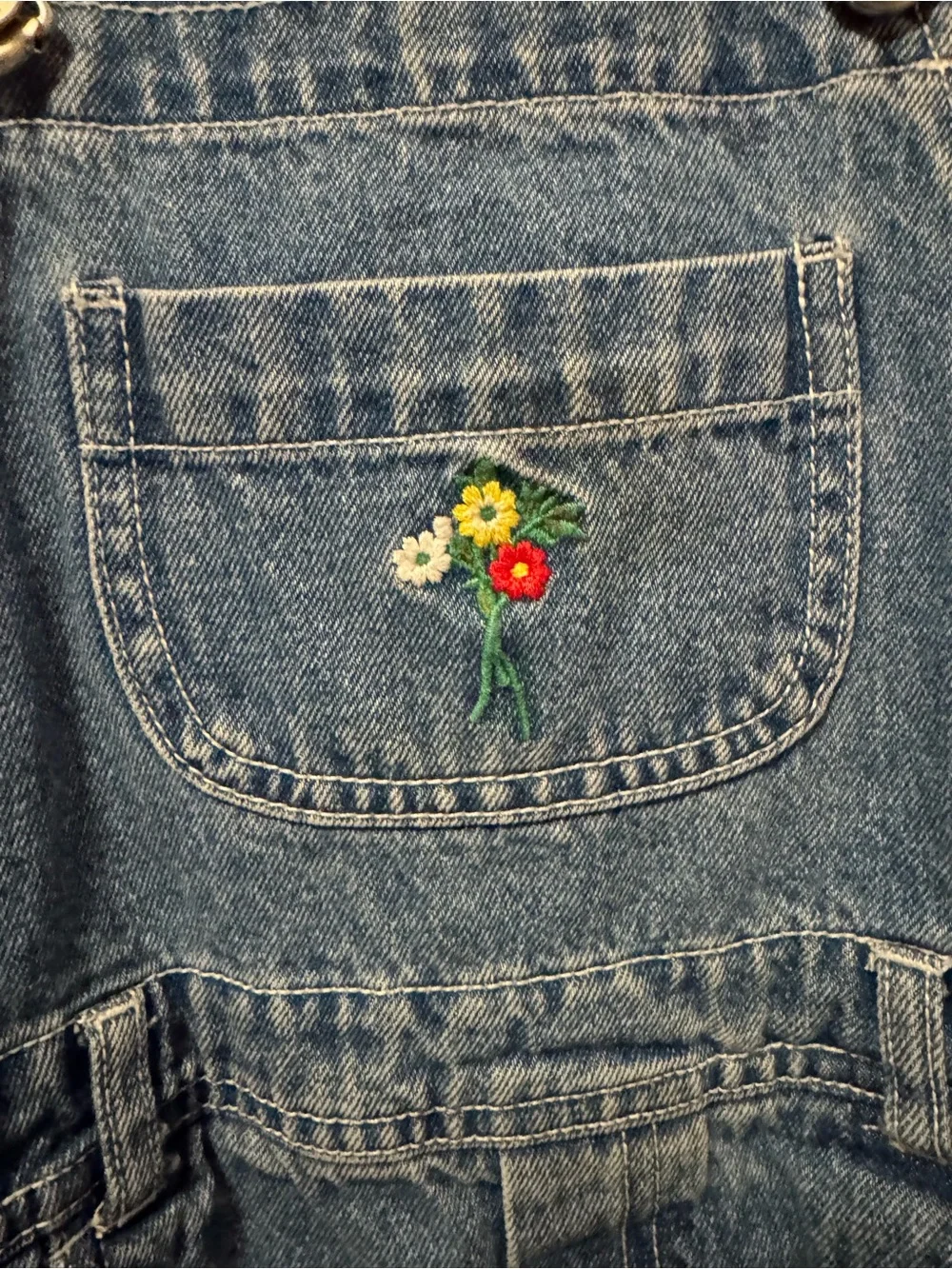 Kids Denim Overall Shorts with Floral Embroidery - Blue